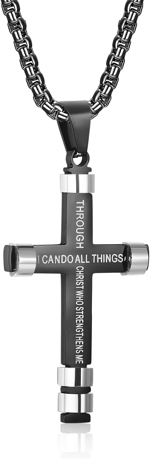 Philippians 4:13 Cross Necklace for Men Strength Bible Verse I CAN DO ALL THINGS Pendant Stainless Steel Chain Meaningful Jewelry Gift for Boy