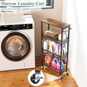 Slim Storage Cart 4 Tier Narrow Kitchen Rolling Cart on Wheels for Small Space, Mobile Utility Cart Shelving Unit with Wooden Top and Metal Handle for Kitchen, Bathroom, Laundry Room Slim Storage Cart 4 Tier Narrow Kitchen Rolling Cart on Wheels for Small Space Mobile Utility Cart Shelving Unit with Wooden Top and Metal Handle for Kitchen Bathroom Laundry Room