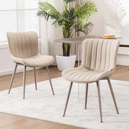 YOUNIKE Dining Chairs Set of 2 Modern Kitchen Dining Room Chairs with Metal Legs, Armless Upholstered Faux Leather Accent Chairs with Backrest, for Kitchen, Living Room, Receprion, Bedroom, Khaki