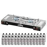 HOMELUX Gaskocher Edelstahl Campingkocher 2 flammig für Grill Camper im Outdoor Camping - Silber (1 Edelstahl 2 flammig gaskocher+28Gaskartuschen)