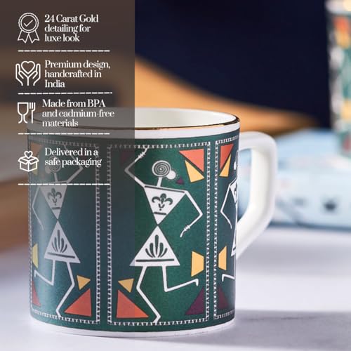 Image of GOLDEN QUEEN'S Handcrafted Tea Cups - Set of 6 | Ideal for Everyday Tea and Coffee, Enhancing Your Daily Rituals (Tribal Rhythm in Green)