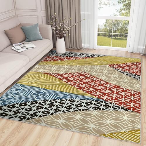 Tapis 180x200 cm géométrique patchwork grand format lavable pour salon et chambre