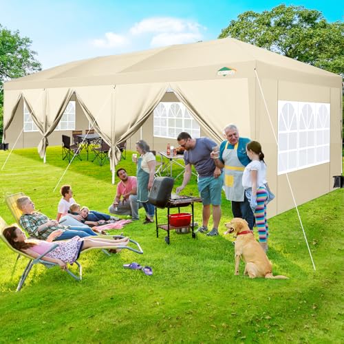 Image of COBIZI 10x30 Canopy Party Tent with 8 Walls 10x30 Pop Up Tent for Parties Waterproof UPF 50+ Outdoor Commercial Event Tent for Party Backyard Gazebo Canopy with Sidewalls & Sandbags(Khaki /10x30ft