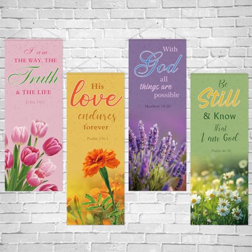 Image of Panelee 4 Pcs Church Banners for Sanctuary Wall Blooming Flower Church Banners with Scripture Inspirational Religious Praise Bible Verses Hanging Backdrop Signs for Sunday School Worship Decoration