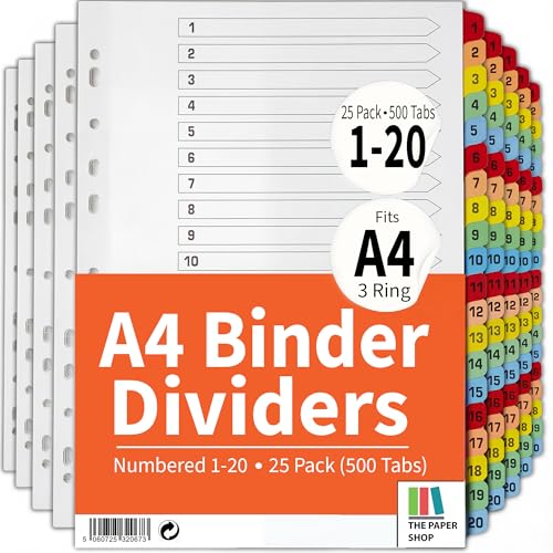 The Paper Shop Numbered Dividers for 3 Ring Binder 1-20 - A4 (25 Pack) | Bulk Binder Dividers with Tabs for Office School & Classroom | Number Tab Index Sets for Notebooks & Files | 500-Tab Bulk Set