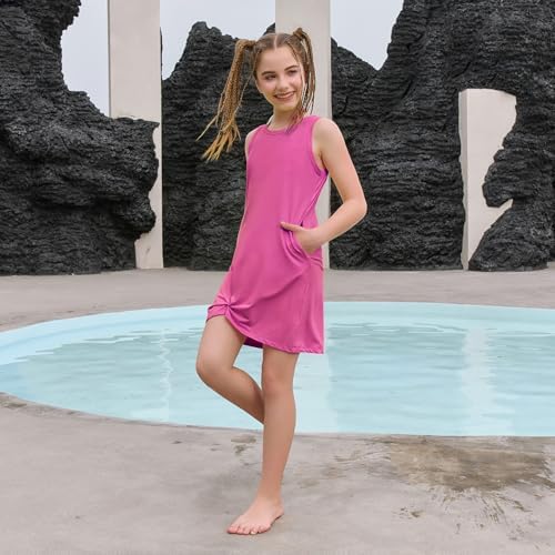 CHILDRENSTAR Girls Swim Cover Up UV Protection Sleeveless Swimsuit Coverup Beach Dress Summer Quick Dry with Pockets, Rose Red, 6-7 Years — view 3