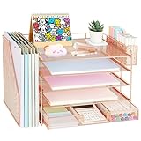 Gugsey Desk Organizer with File Holder, Organisateur de Bureau, 5-Tier Paper Letter Tray with Drawer and Pen Holder, Desktop Office Accessories for School, Home, Office Supplies (Rose Gold)