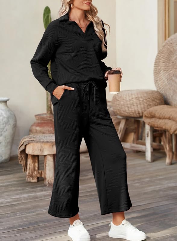 SHEWIN 2 Piece Sets for Women Collared V Neck Long Sleeve Polo Shirts Tops Lounge Set Tracksuits Sweatsuits2