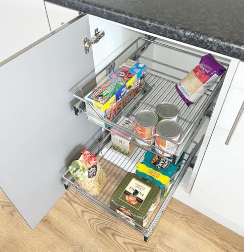 Pull Out Wire Baskets Set for Kitchen Base Units, 2 Baskets, Chrome-Plated Steel, 25 kg Max Load (600mm)