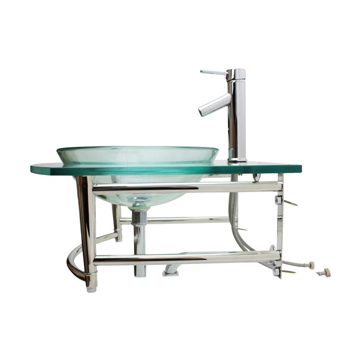 Renovators Supply Haiku Glass Wall Mount Bathroom Sink 23 3/4 Inches Clear Tempered Glass Round Console Sink With Chrome Faucet, Pop Up Drain And Towel Bar