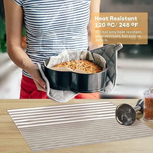 Image of YELONA Dining Table Placemats Set of 4 - Heat-Resistant, Non-Slip, Washable & Stain Resistant Woven PVC Vinyl Table Mats for Kitchen & Dining - 45 x 30 cm, Brown & White