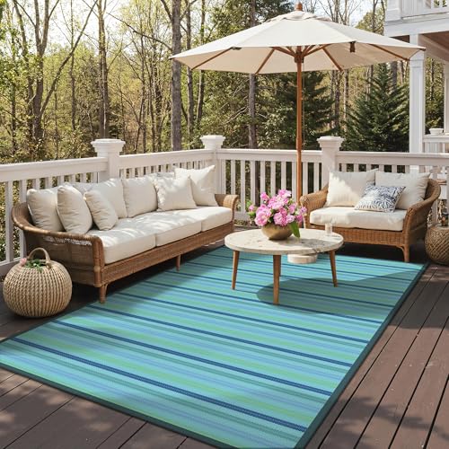 Image of GENIMO Outdoor Rug, Waterproof Plastic Rugs for Patio, 6'x9' Light Blue | Outside Larger Modern Carpet Mat for Porch Decor, Deck, Balcony, Camping, RV, Backyard, Picnic, Beach, Reversible, Foldable