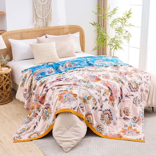 Image of XIBLC Boho Throw Blanket for Bed, 100% Cotton Soft Rustic Quilt Fall Blanket, 80 inchx90 inch Floral Printed Farmhouse Decor Bed Blankets, All Season Rustic Reversible Bohemian Throw Quilt