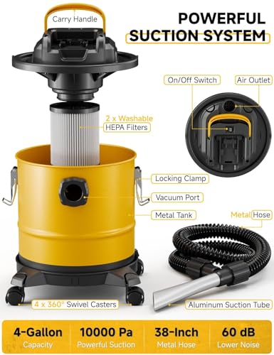 Image of Cordless Ash Vacuum for Pellet Stoves, for DEWALT 20V Max Battery, Pellet Stove Vacuum Cleaner with 2 HEPA Filters, Powerful Suction, 4 Gallons & 4 Wheels, 38 inch Hose for Wood Fireplaces, BBQ Grills