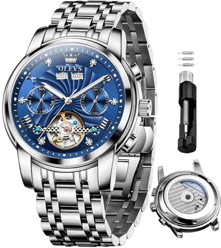 Image of OLEVS Automatic Watches for Men Business Dress Mechanical Watch Stainless Steel Waterproof Self Winding Classic Date Luxury Diamond Skeleton Men Wristwatch