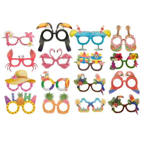 16 Pcs Hawaiian Party Paper Eyeglasses Bulk Summer Luau Beach Pool Party Sunglasses Frame Tropical Party Props Photo Booth Props for Luau Beach Party Favors Birthday Supplies Summer Accessories