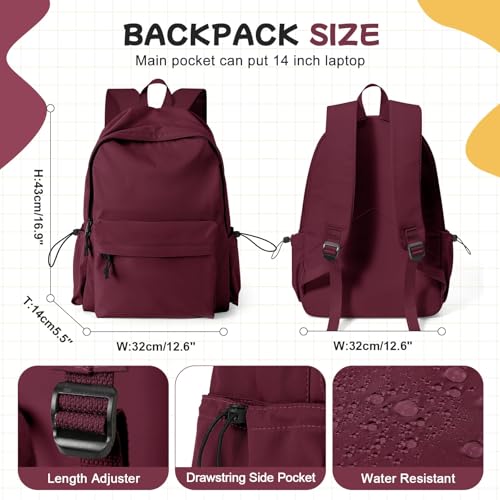 HYC00 Schulrucksack Damen, Causal Travel Schultaschen 14 Zoll Laptop Rucksack für Mädchen im Teenageralter Leichter Rucksack Wasserabweisend Bookbag College Boys Men Work Daypack,Rot