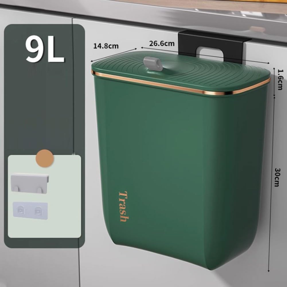 Poubelle suspendue de 9 L avec couvercle pour portes d'armoires et placards pour cuisine, salle de bain et sous évier (vert)