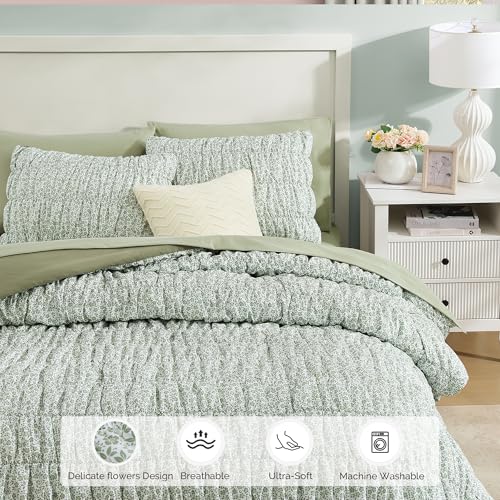 Queen Size Comforter Sets - 3 Pieces Sage Green Ruched Floral Queen Bedding by BLOOMHAVEN - Used condition - Image 3