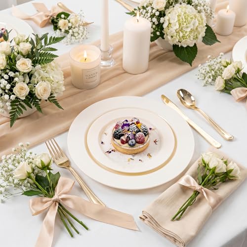 Image of I00000 200 Pcs Ivory Plastic Plates, Disposable Party Plates Include 100 Ivory Dinner Plate 10'' and 100 Plastic Dessert Plate 7'' Perfect for Birthday, Party & Wedding