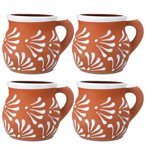 Baderke 4 Pack Mexican Pottery Mugs Mexican Coffee Mugs Clay Cups for Women Men Birthday Graduation Wedding Holiday Parties Gifts, White Terracotta Design, 12 oz