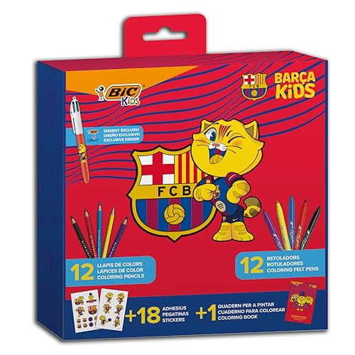 BIC Kids Kit de Colorear FC BARCELONA con Bolígrafo 4 Colores Exclusivo: CAT, 12 Lápices de Colores BIC Tropicolors, 12 Rotuladores Kid Couleur, Cuaderno para Colorear y 18 Pegatinas del FC Barcelona