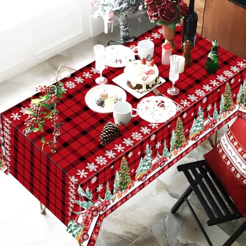 Christmas Tablecloth Christmas Red Truck Buffalo Plaid Tablecloths Christmas Snowflake Table Cover for Christmas New Year Birthday Holiday Party Decorations, 54x108 inch – Image 6