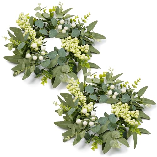 DDHS 2 Packs Small Eucalyptus Wreaths 12 Inch Artificial Mini Green Wreath with Berries Small Boxwood Leaves Wreaths for Indoor Outdoor Hanging Farmhouse Wall Window Wedding Decor