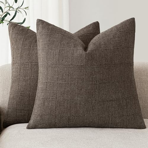 Image of Foindtower Set of 2 Decorative Linen Check Throw Pillow Covers Neutral Farmhouse Vintage Cushion Covers Modern Boho Home Decor for Sofa Chair Couch Bedroom Living Room,22x22 Inch,Dark Brown