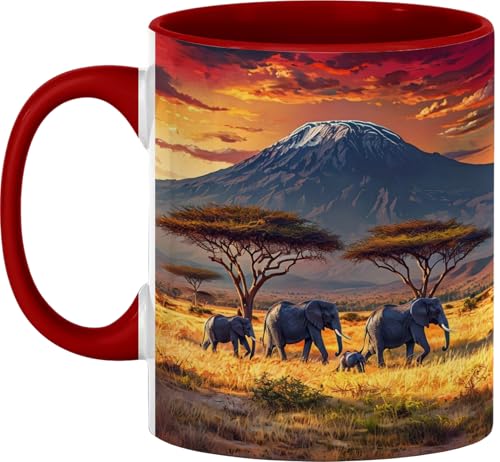 Ceramic Coffee Mug with African Safari Sunset Design, Stunning Mount Kilimanjaro and Elephant Herd Art, Dishwasher and Microwave Safe, Unique Gift for Nature Lovers, Wildlife-Themed Home Decor, 11oz