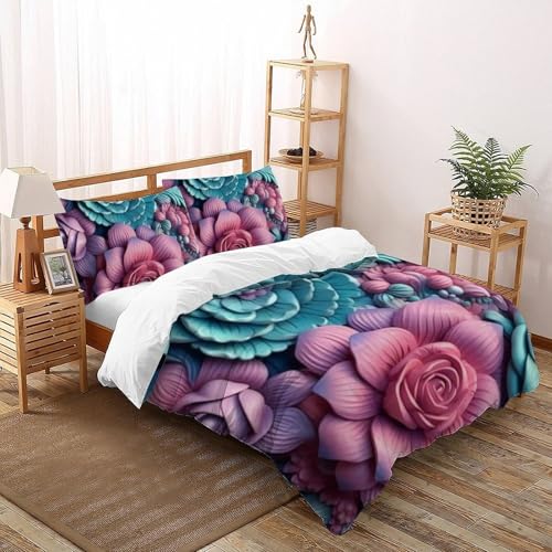 Housse de couette double 200x200 fleurs roses microfibre avec 2 taies - 2