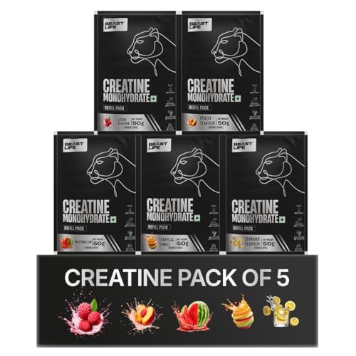 Image of BEASTLIFE Super Micronized Creatine Monohydrate Assorted Pack of 5 | 250 Gram | 65 Servings | Peach, Watermelon, Shikanji, Tropical Tango, Litchi Flavor | NABL Lab Tested | Premium Sports Nutrition for Strength & Performance