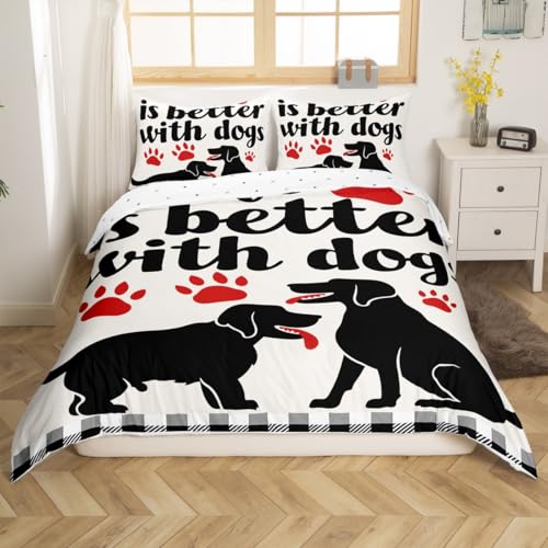 jejeloiu Pet Dog Comforter Cover Toddler Kids Cute Animals Foot Pattern Bedding Set for Boys Girls Teens Buffalo Check Modern Black White Plaid Duvet Cover Room Decor (No Comforter)