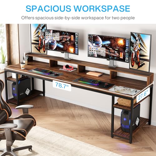 Image of Tribesigns Two Person Desk with Monitor Stand, 78.74 inch Long Double Computer Office Desk with Storage Shelves, Large Gaming Study Writing Table Workstation for Home Office (Rustic Brown)