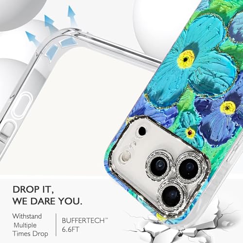 Image of Elzzi Compatible with iPhone 17 Pro Case Oil Painting Flower Colorful with Lens Prtotection Shockproof PC+TPU Glossy Back Cover for Girls Women, Green