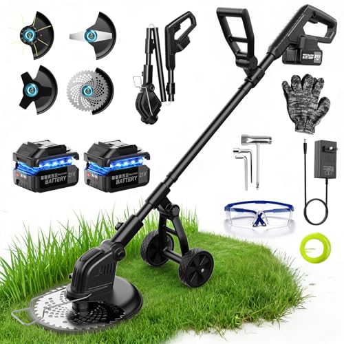 Image of 6000mAh 4-in-1 Electric Weed Wacker Cordless, 20000RPM Weed Eater Battery Powered, Heavy Duty Brush Cutter Edger Lawn Tool /Weed Trimmer /Grass Trimmer W /Wheel Metal Blade, 2 Battery Yard Tool