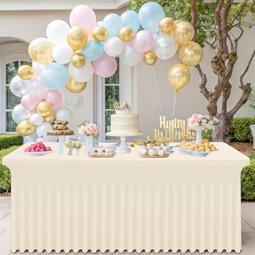 Image of Smiry 2 Pack Spandex Elastic Fitted Table Cloth Skirt for 8FT Table | Stretch Washable Table Cloth, Banquet Table Cover for Wedding, Party, Indoor & Trade Shows, (Beige, 96Lx30Wx30H)