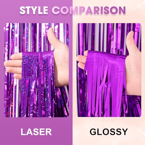 Image of Voircoloria 2 Pack Purple Tinsel Foil Fringe Curtains, Purple Party Decorations, Metallic Tinsel Party Streamers Backdrop for Halloween Mermaid Bachelorette Graduation Party Decorations
