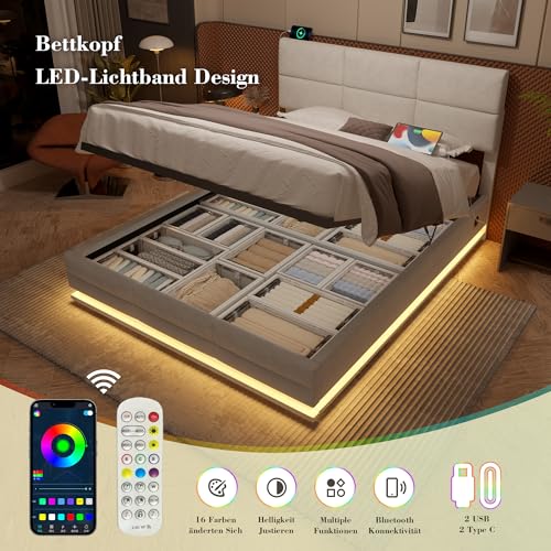 Polsterbett Doppelbett 180x200, LED Jugendbett Hydraulisches Stauraumbett mit Stauraum&USB Ladefunktion, Funktionsbett Bettgestell mit Höhenverstellbarem Kopfteil&Lattenrost, Samt, Ohne Matratze,Beige