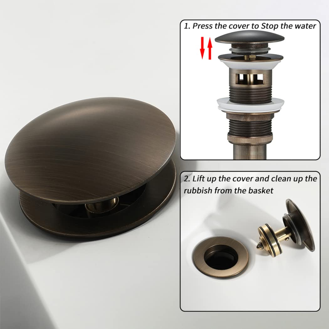 WRIST Drenaje del Lavabo del Baño, Desagüe Emergente del Fregadero del Recipiente con Tapón De Cesta Desmontable Desagüe del Baño De Latón con Manguera De Acero Inoxidable Y Rebosadero,Brozne