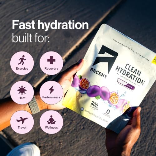 Ascent Clean Hydration 전해질 패킷, 저설탕 및 저칼로리, 인공 향료 및 감미료 없음, 정보 스포츠 인증, 패션 프루트, 스틱 팩 20개 — 사진 4