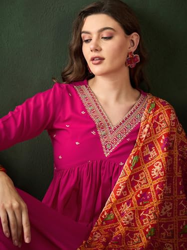 Image of SheWill Women's Mustard American Crepe Zari Sequence Embroidered Alia Cut Kurta with Pant and Dupatta