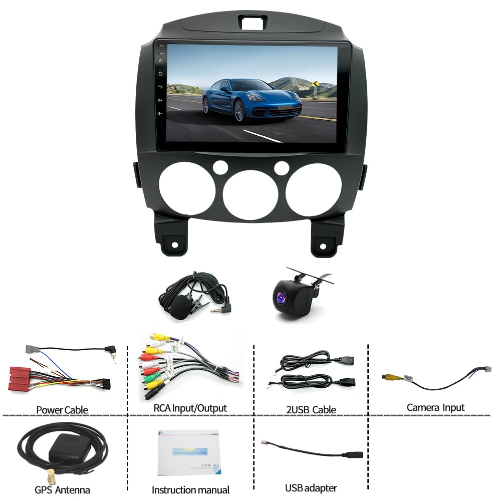 Radio samochodowe 2 + 64 G Android 15 do Mazda 2 2007-2013 z nawigacją satelitarną GPS, ekran dotykowy o przekątnej 9", bezprzewodowy Carplay, Android, Double DIN, Bluetooth, WiFi, GPS, DSP, DAB FM