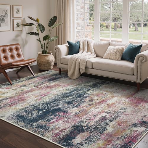 Image of BEIMO Area Rugs 8x10 for Living Room Bedroom, Modern Abstract Machine Washable Rug, Large Soft Low Pile Floor Carpet with Non Slip Backing for Dining Room, Navy /Pink