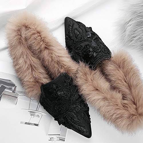 Fericzot Slip On Loafers Womens Embroidery Mule Shoes with Plush Lamb Fur Velvet Slippers Backless Pointed Toe Mule Slides2