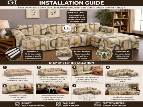 Image of Gifts Island Premium 160GSM Super Soft Beige Art Stretchable Sofa Cover L Shape 7 Seater Fully Covered | Suitable for Both Left and Right Side Chaise Sofa (Beige Art, 4+3 Seater)