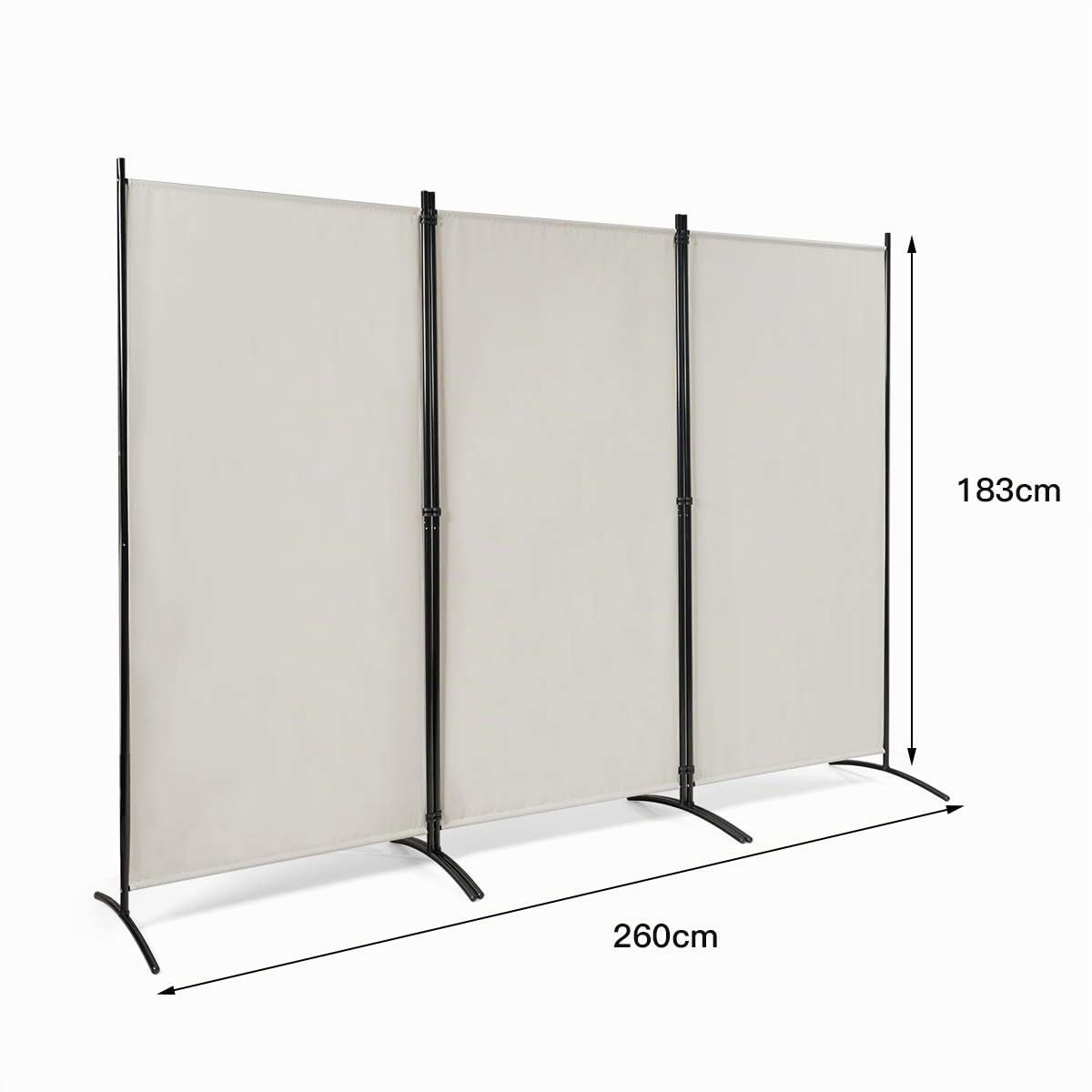 COSTWAY Paravent Interieur Exterieur 3 Panneaux 260 x 183 cm, Cloison de Separation Interieur Pliable, Double Charnières en Acier, Tissu Polyester, Separateur de Pieces pour Salon Bureau Balcon(Beige)