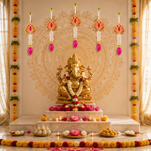 Image of JH Gallery Lotus Bud Tassel Hanging - Handmade Ganpati Decoration Setup for Home, Ganesh Chaturthi Mandap Decor, Pooja Room, Temple & Door Hanging (13 Inch, Pack of 5)