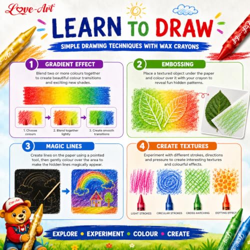 Image of Love-Art 12+1 X-TRA Long Wax Crayons for Kids | Extra Long, Ultra Smooth & Vibrant Colour Crayons | Non-Flaky, Washable Wax Colours for Drawing, Colouring, Art & School