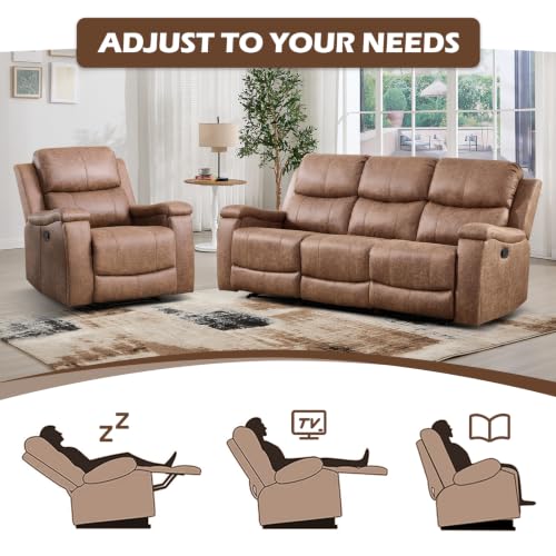 Image of CANMOV Faux Leather Manual Recliner Sofa Set, Manual Reclining Sofa and Recliner Chair with Concealed Cup Holders for Living Room,Bedroom Furniture,Nut Brown
